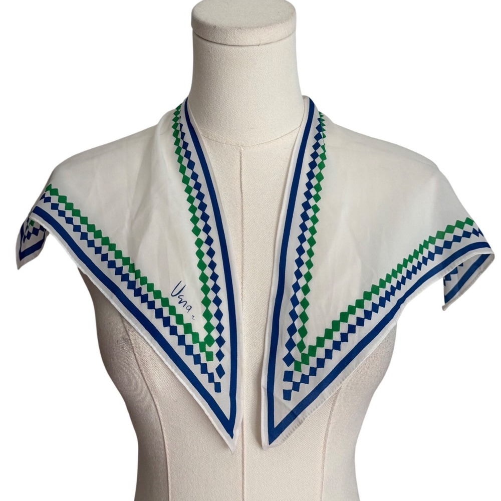 Vintage Vera Neumann Wingtip Split  Scarf Womens White Blue Green Geometric Silk